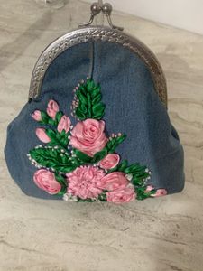 Denim Clutch with Floral Embroidery