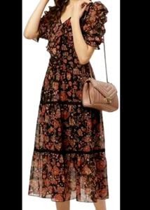 Quality Black&amp;Rust Orange Floral Print Tiered Midi