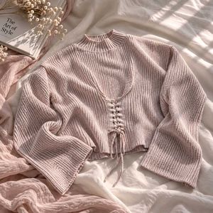 BLUSH PINK LACE-UP CROPPED KNIT SWEATER