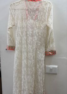 Elegant White Lace Kurta with Orange Embroidery