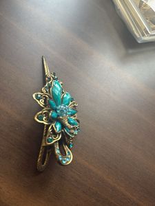 Teal &amp; Gold Floral Hair Clip
