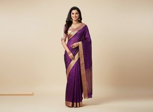 Designer Readymade Saree Blouse (Cream & Purple) –