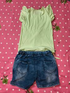 Cute Powerpuff Girls T-shirt &amp; Denim Shorts Set