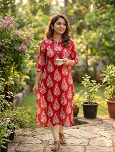 Red Block Print Cotton Kurta