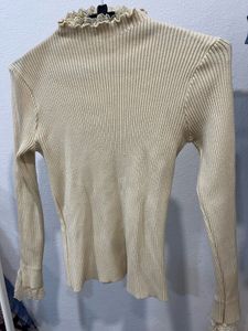 Ribbed Mock Neck Lace Trim Top
