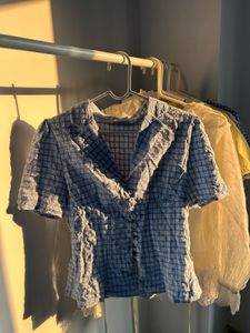 Blue Plaid Button-Up Short Sleeve Top