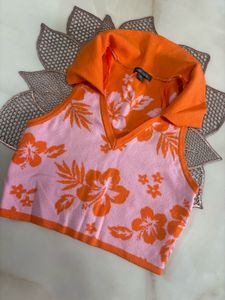 Vibrant Floral Collared Sleeveless Top