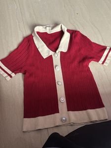 Red Knit Button-Down Top