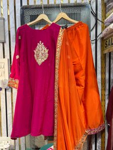 contrasting pink &amp; orange crepe suit set m-2xl