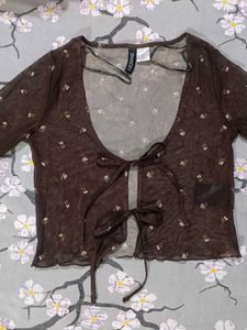 Blue fitted top and Brown mesh to