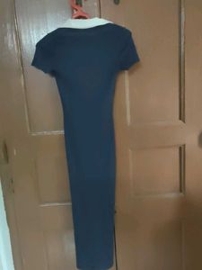 Navy Ribbed Knit Midi Dress with Collar