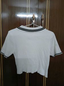White Ribbed Zip-Up Polo Crop Top