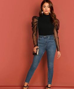 SHEIN mesh puff sleeve mock neck top