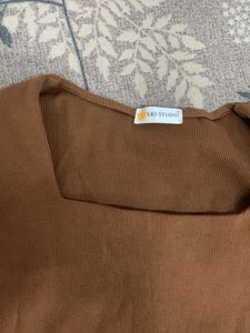 Brown Square Neck Long Sleeve Top
