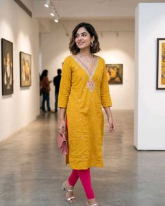 Yellow Embroidered Cotton Kurta