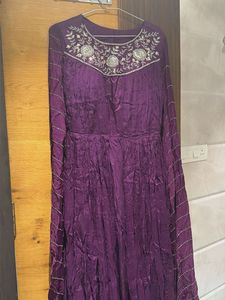 Elegant Embroidered Purple Gown with veil and belt