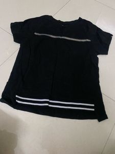 Black Casual T-Shirt with Stripe Detail