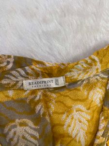 Mustard Yellow &amp; Grey Block-Printed Kurti Set