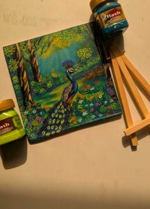 Mini peacock Landscape painting with wooden stand