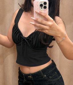 Chic Black Ruched Bust Tie Front Crop Top🖤