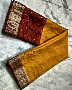 mustard yellow meroon Pure Silk Saree