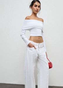 Nuon White Ribbed Off-Shoulder Cotton Top