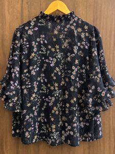 Sheer Floral Print Button-Up Blouse