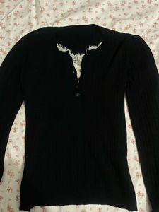 Black Long Sleeve Knit Top with Lace Detail