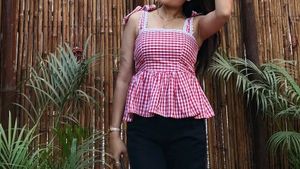 Red Gingham Square Neck Top