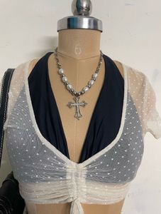 Sheer Polka Dot Ruched Crop Top