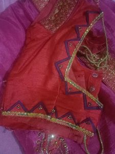 Beautiful Pink Saree with Red Blouse