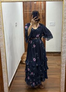 Indigo blue Floral Ruffle hem Midi Dress