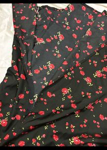 Korean black red rose Floral Print Midi slit Dress