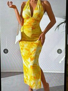 Vibrant Yellow Floral Halter Midi Dress
