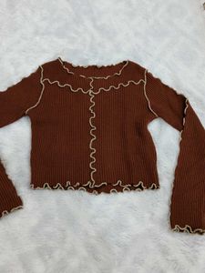 Brown Lettuce Hem Long Sleeve Top