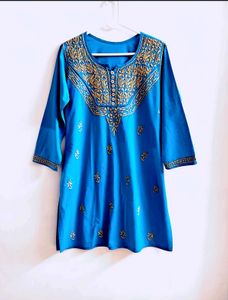 💙 Royal  Blue Chikan Embroidery Short Kur