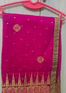 Vibrant Pink Embroidered Raw Silk Saree