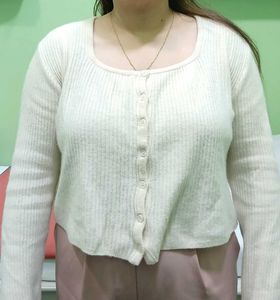 Cream Ribbed Button-Up Cardigan