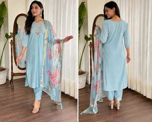 Elegant Blue Kurta Set with Floral Dupatta