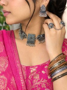 Oxidized Silver Peacock Necklace Set