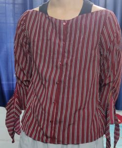 Ladies Top Maroon Striped Fancy Sleeves XL Size
