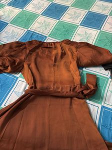 Brown Puff Sleeve Tie Waist Dress