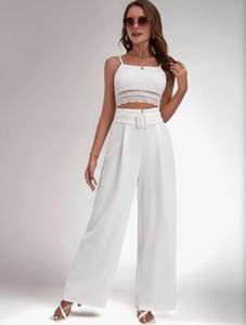 Elegant White Wide-Legged Pants with Belt