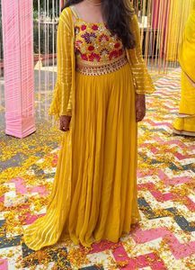 Yellow Embroidered Kurta Set with Jacket