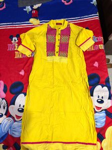 Vibrant Yellow Kurta with Pink Embellishment