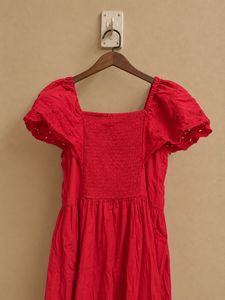 Red Square Neck Puff Sleeve Dress