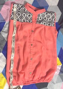 Coral Top with Geometric Print Yoke