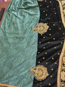 Elegant Black &amp; Mint Green Embroidered Saree