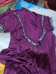 Purple Satin Nightgown with Lace Trim