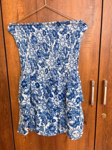 Blue Floral Strapless Dress